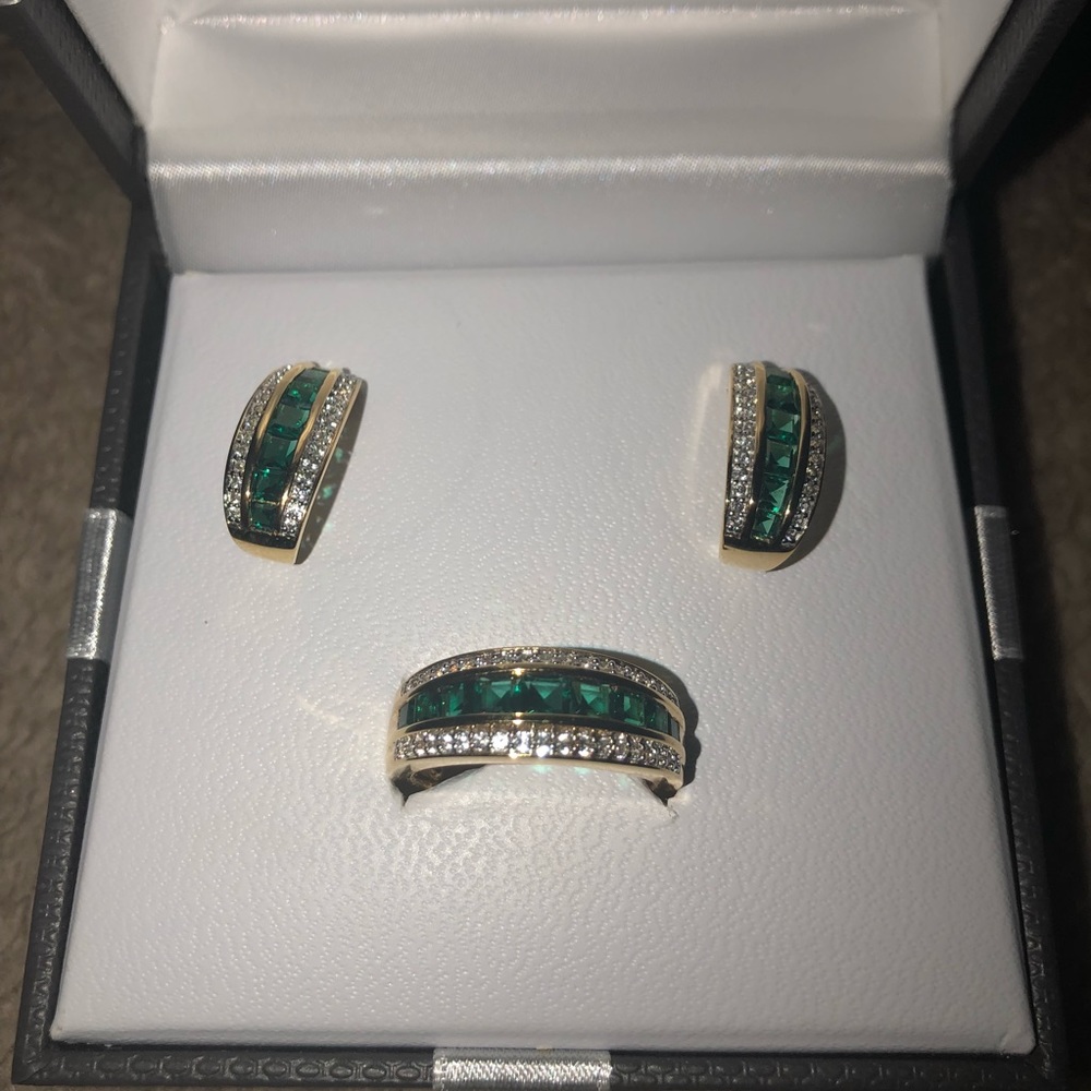 NIB Emerald & White Sapphire 14k over silver set!
